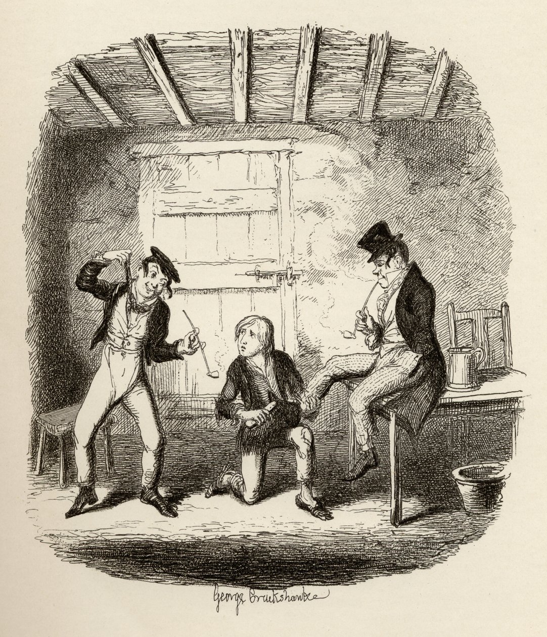 Mestre Bates explica um tecnicismo profissional, de "As Aventuras de Oliver Twist", de Charles Dickens (1812-1870) 1838, publicado por Chapman und Hall, 1901 de George Cruikshank