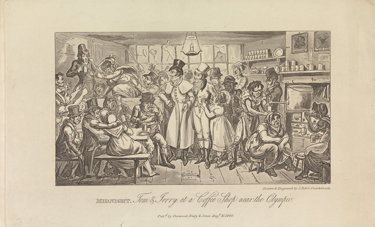 Meia-noite, Tom & Jerry numa cafetaria... de George Cruikshank