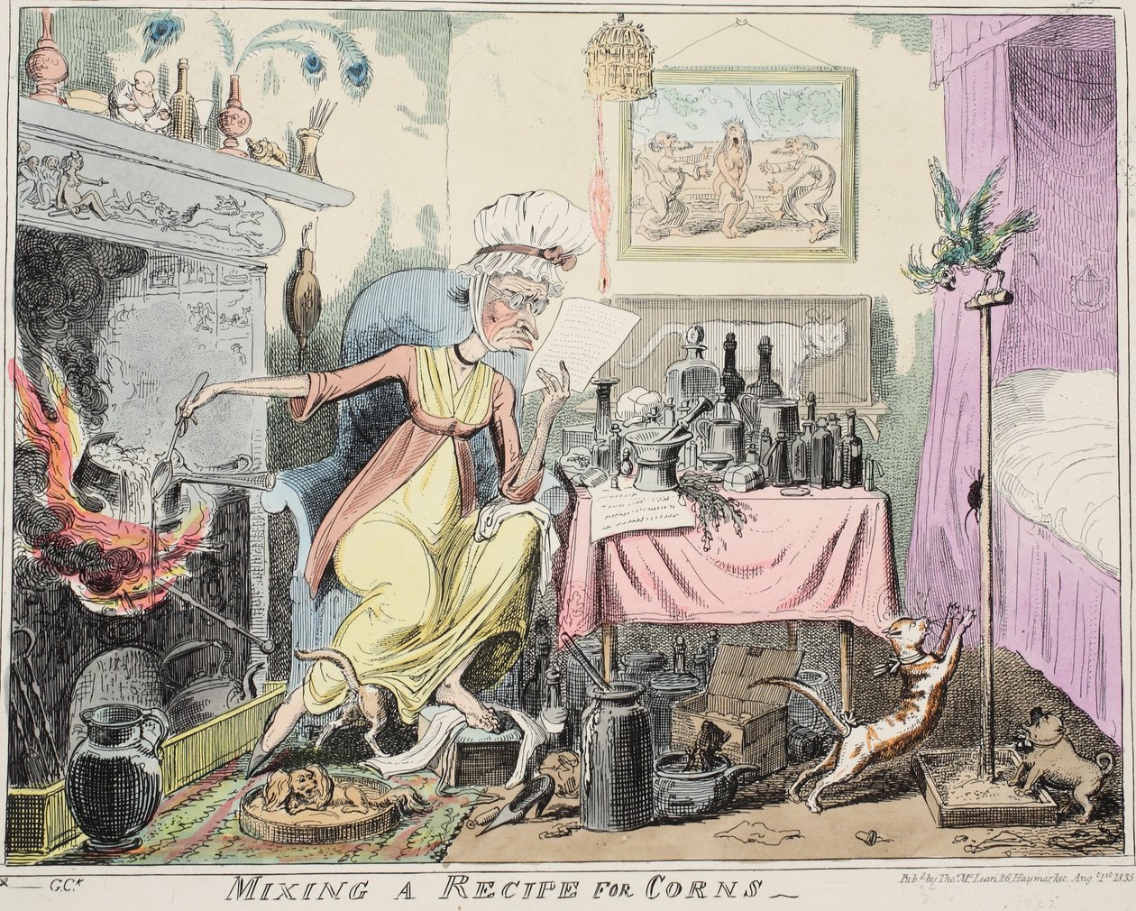 Misturando uma receita para Corns, pub. 1835 (gravura colorida à mão) de George Cruikshank