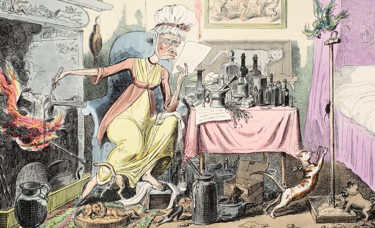 Misturando uma receita para Corns, pub. 1835 (gravura colorida à mão) de George Cruikshank