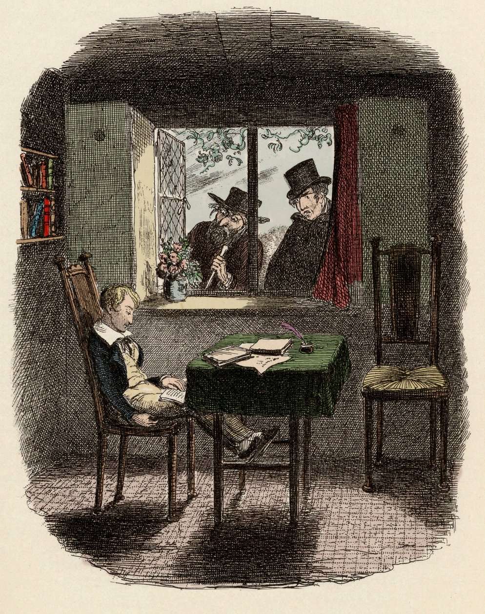 Monges e Fagin observando Oliver dormindo na Biblioteca Maylie - Monges e o Judeu - Ilustração para "Oliver Twist" (Oliver) (As Aventuras de Oliver Twist) por Charles Dickens (1812-1870), por George Cruikshank (1792-1878) . de George Cruikshank