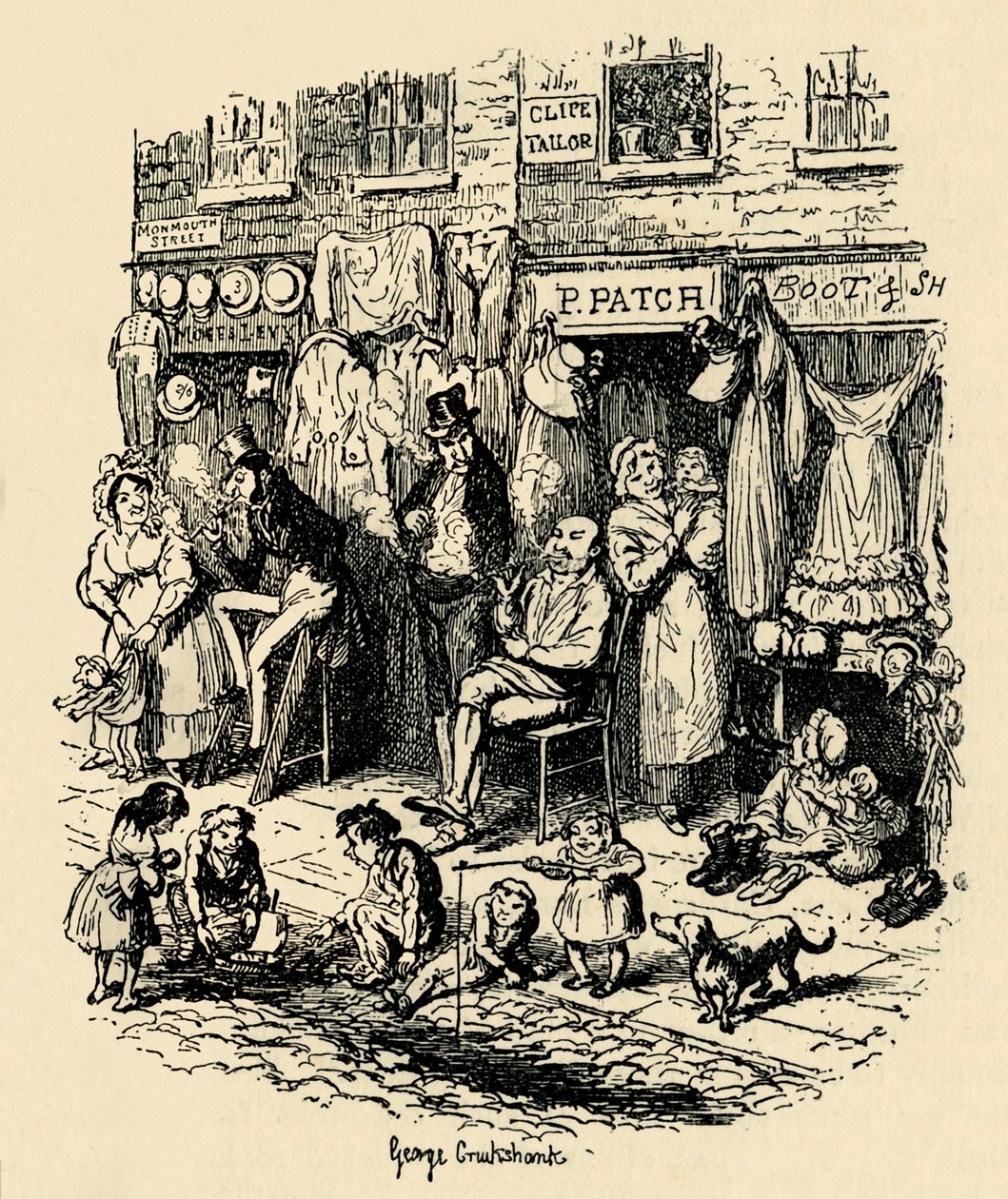 Monmouth Street, Soho, uma ilustração de G. Cruikshank para Dickens Sketches de Boz. , 1938 de George Cruikshank