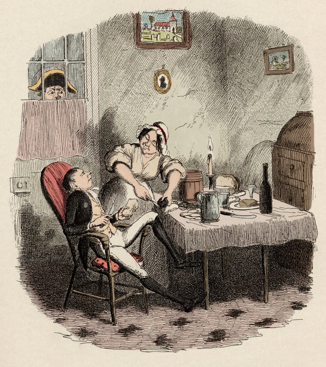 Monsieur Bumble observa Noe Claypole e Charlotte - Mr Claypole como ele apareceu quando seu mestre estava fora - Ilustração para "Oliver Twist" (Olivier) (As Aventuras de Oliver Twist) por Charles Dickens (1812-1870), por George Cruikshank (1792-1878) . de George Cruikshank