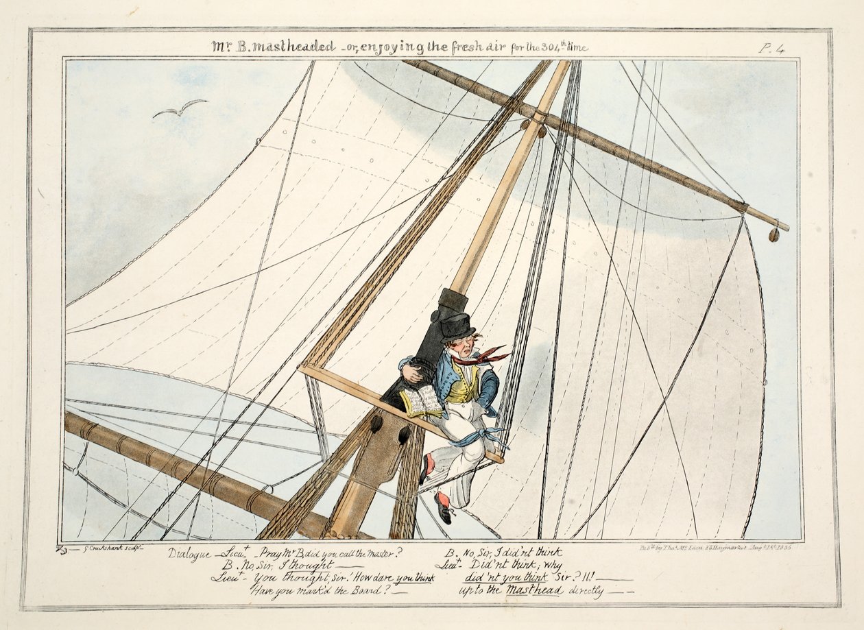 Sr. B. Mastheaded - ou, aproveitando o ar fresco pela 304ª vez, de O Progresso de um Amanhã, 1835 (gravura colorida à mão) de George Cruikshank