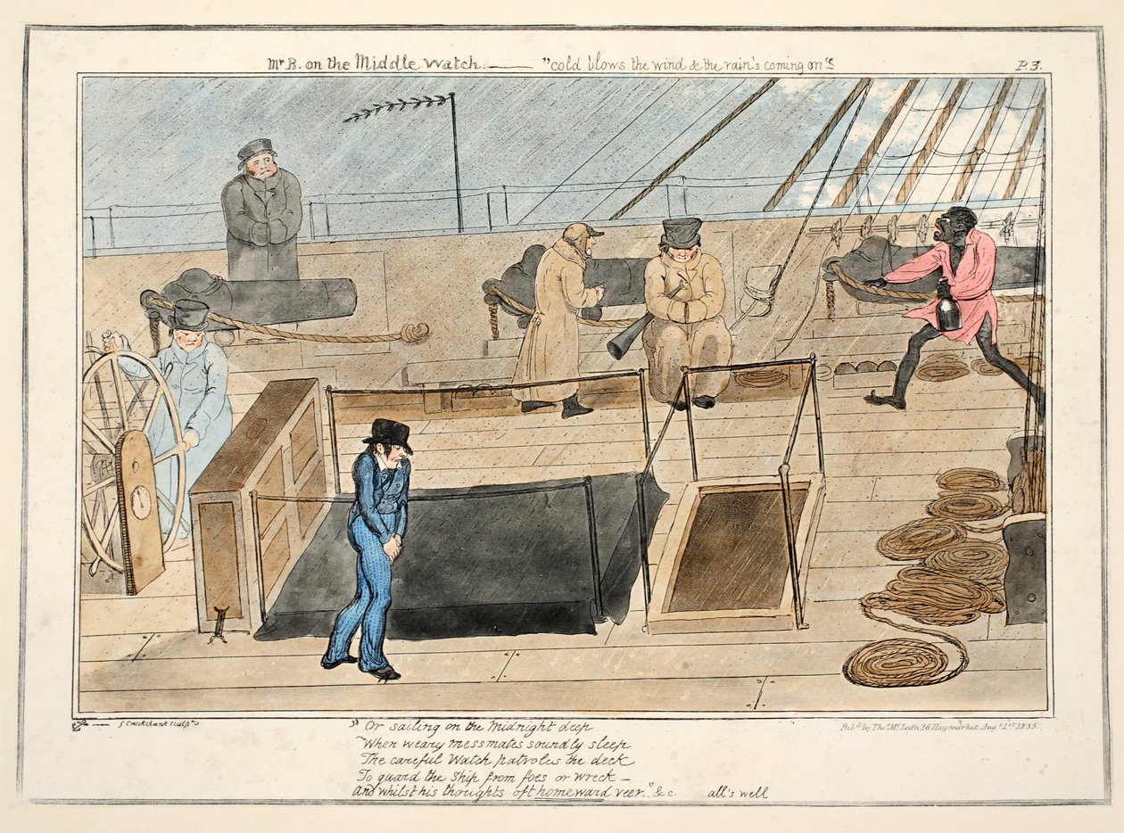 Sr. B no relógio do meio - o frio sopra o vento e as chuvas que vêm, de O Progresso de um Amanhã, pub.1835 (gravura colorida à mão) de George Cruikshank