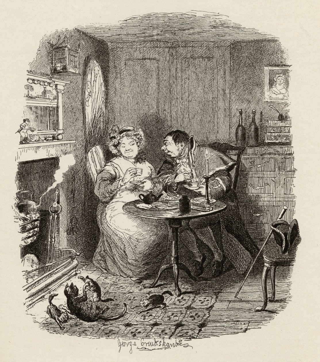 O Sr. Bumble e a Sra. Corney tomando chá, de &39;As Aventuras de Oliver Twist&39; de Charles Dickens (1812-1870) 1838, publicado por Chapman und Hall, 1901 de George Cruikshank