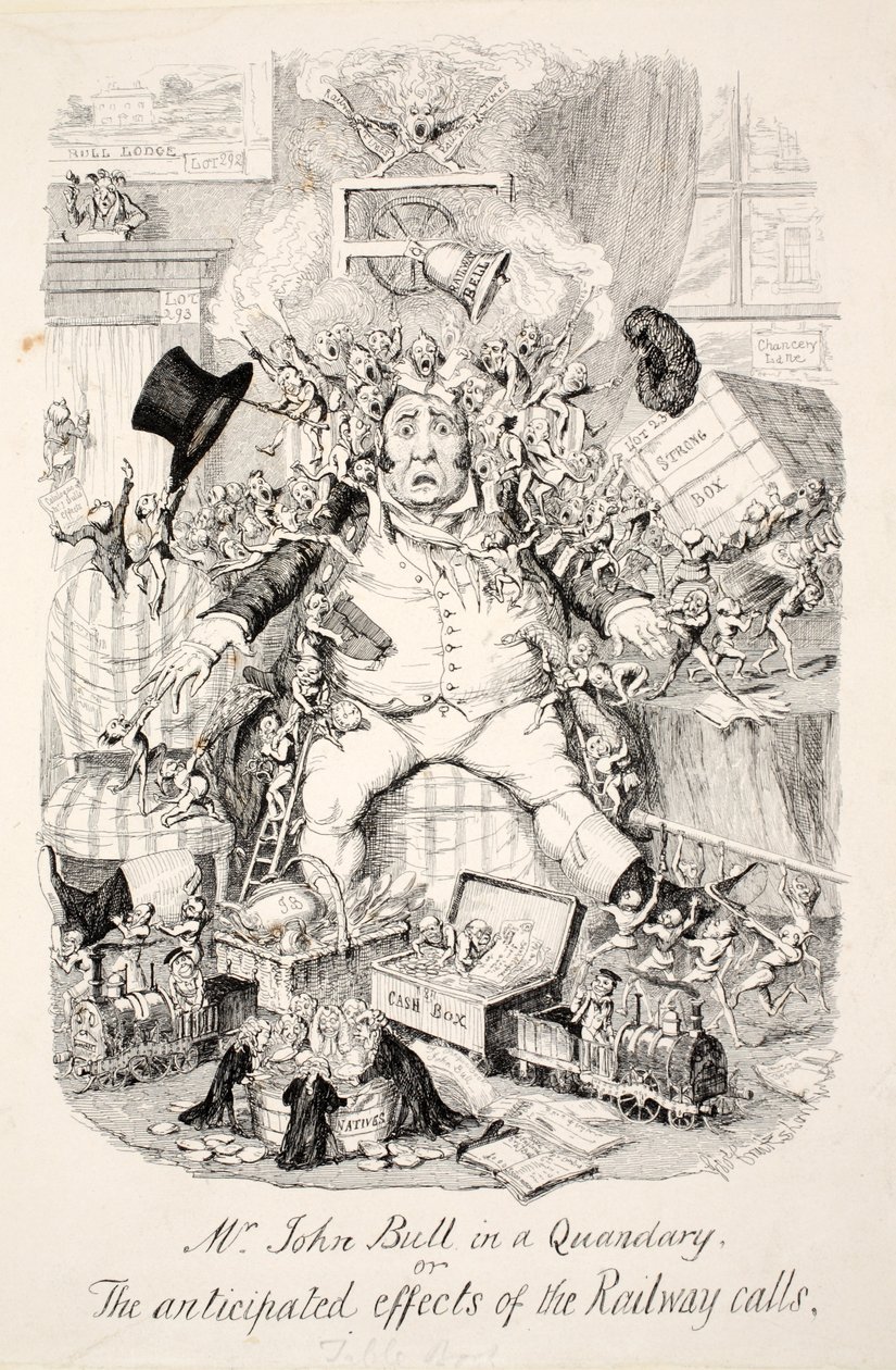 Sr. John Bull em um dilema ou os efeitos antecipados das chamadas ferroviárias, pub. 1845 de George Cruikshank