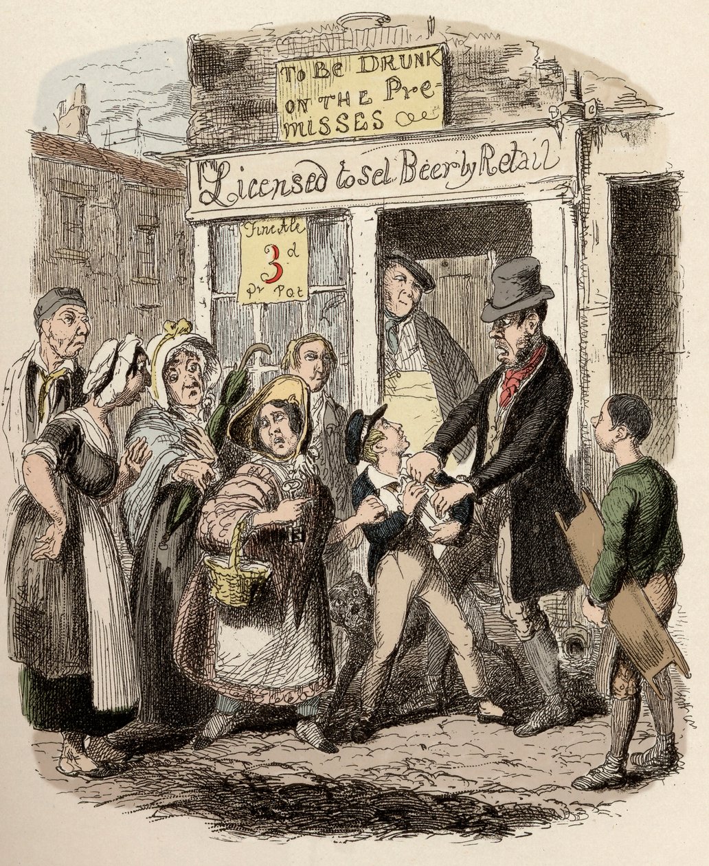 Nancy e Sikes raptam Oliver nas ruas - Oliver reclamado pelos seus amigos afectuosos - Ilustração para "Oliver Twist" (Olivier) (As Aventuras de Oliver Twist) por Charles Dickens (1812-1870), por George Cruikshank (1792-1878) . de George Cruikshank