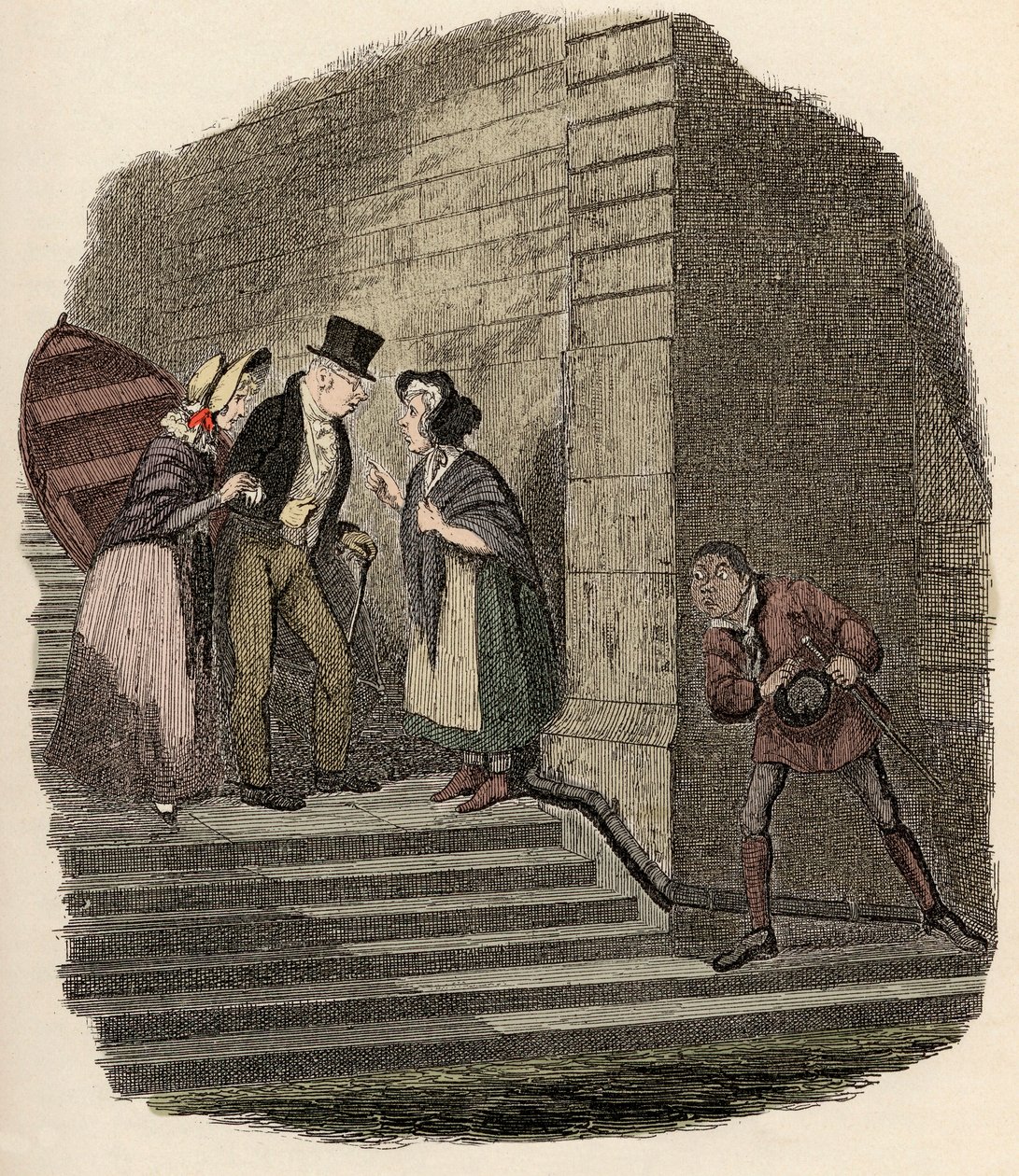 Noe Claypole espionando o encontro secreto entre o Sr. Brownlow, Rose Maylie e Nancy - O encontro - Ilustração para "Oliver Twist" (Olivier) (As Aventuras de Oliver Twist) por Charles Dickens (1812-1870), por George Cruikshank (1792-1878) . de George Cruikshank