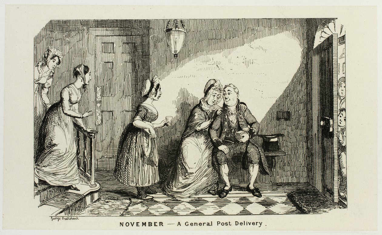 novembro - Uma entrega geral de correio em oposição às gravuras em aço de George Cruikshank para The Comic Almanacks: 1835-1853 de George Cruikshank