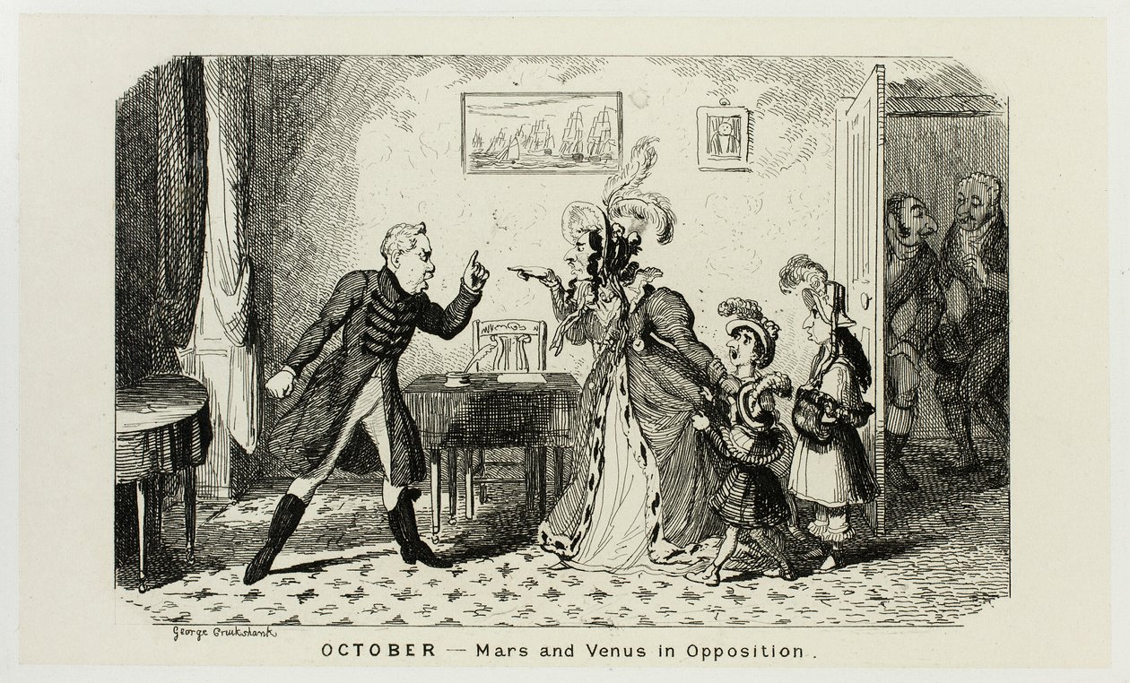 outubro - Marte e Vénus em oposição a partir das gravuras em aço de George Cruikshank para The Comic Almanacks: 1835-1853 de George Cruikshank