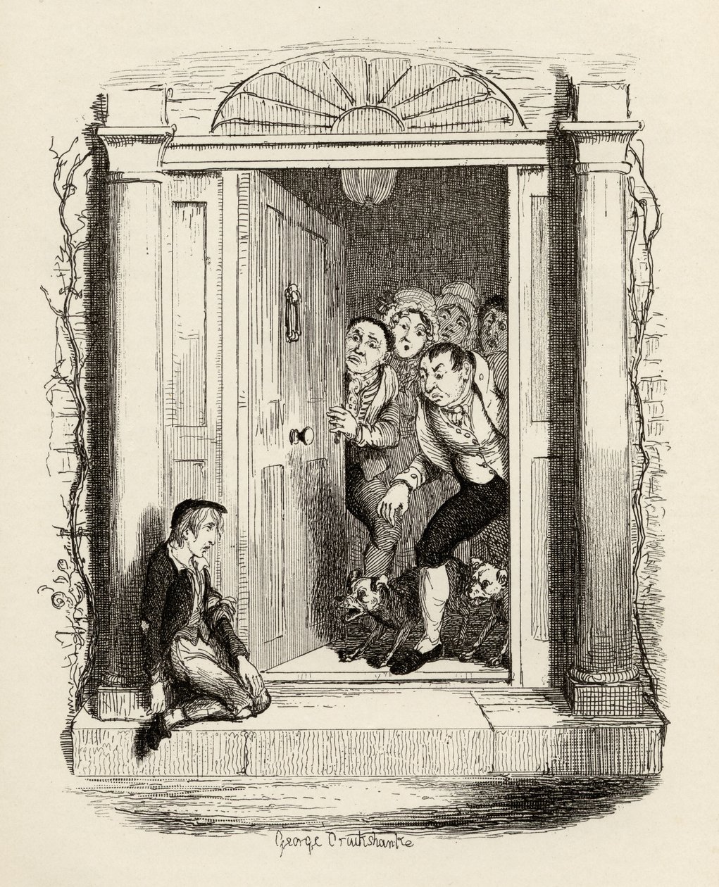 Oliver Twist na porta da Sra. Maylie, de "As Aventuras de Oliver Twist", de Charles Dickens (1812-1870), 1838, publicado por Chapman und Hall, 1901 de George Cruikshank