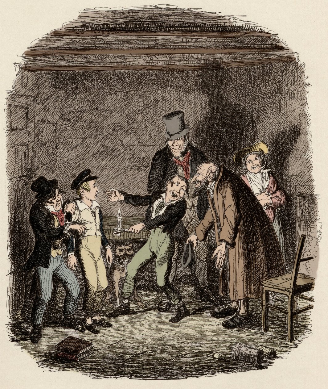 Oliver Twist recebido pelo velho Fagin e sua equipa - Recepção de Oliver por Fagin e os rapazes - Ilustração para "Oliver Twist" (Olivier) (As Aventuras de Oliver Twist) por Charles Dickens (1812-1870), por George Cruikshank (1792-1878) . de George Cruikshank