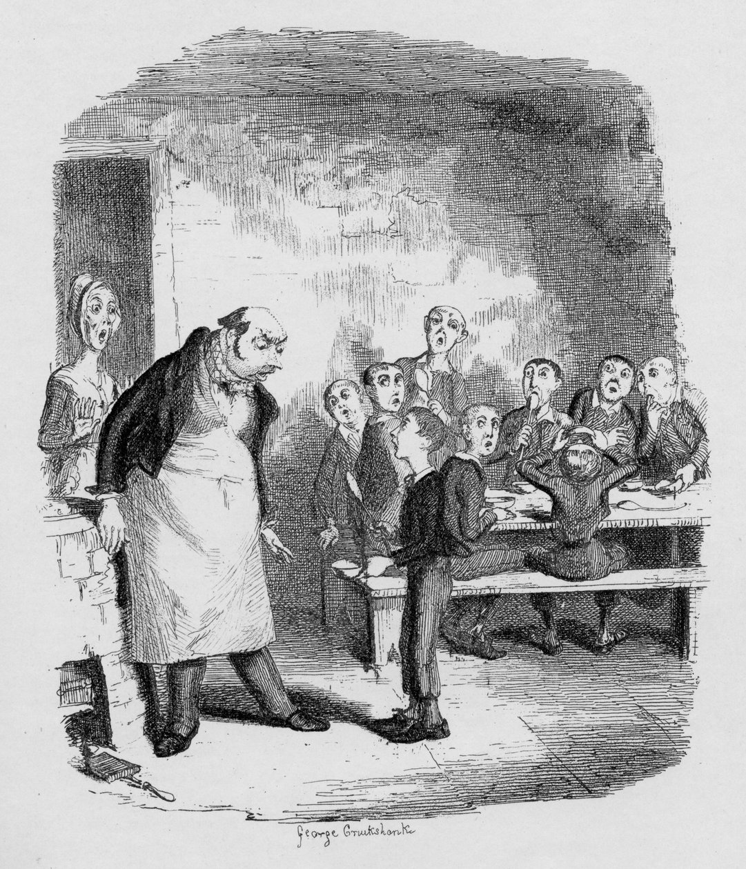 Oliver pedindo mais, de "The Adventures of Oliver Twist", de Charles Dickens (1812-1870) 1838, publicado por Chapman und Hall, 1901 de George Cruikshank