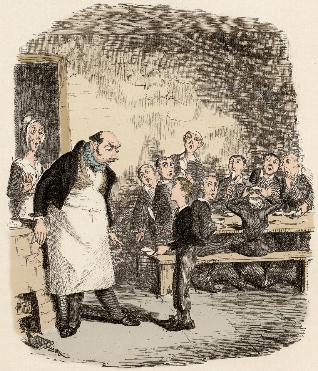 Oliver foi concebido para pedir comida extra ao supervisor do Hospital Infantil - Oliver pede mais - Ilustração para "Oliver Twist" (Olivier) (As Aventuras de Oliver Twist) por Charles Dickens (1812-1870), por George Cruikshank (1792 de George Cruikshank