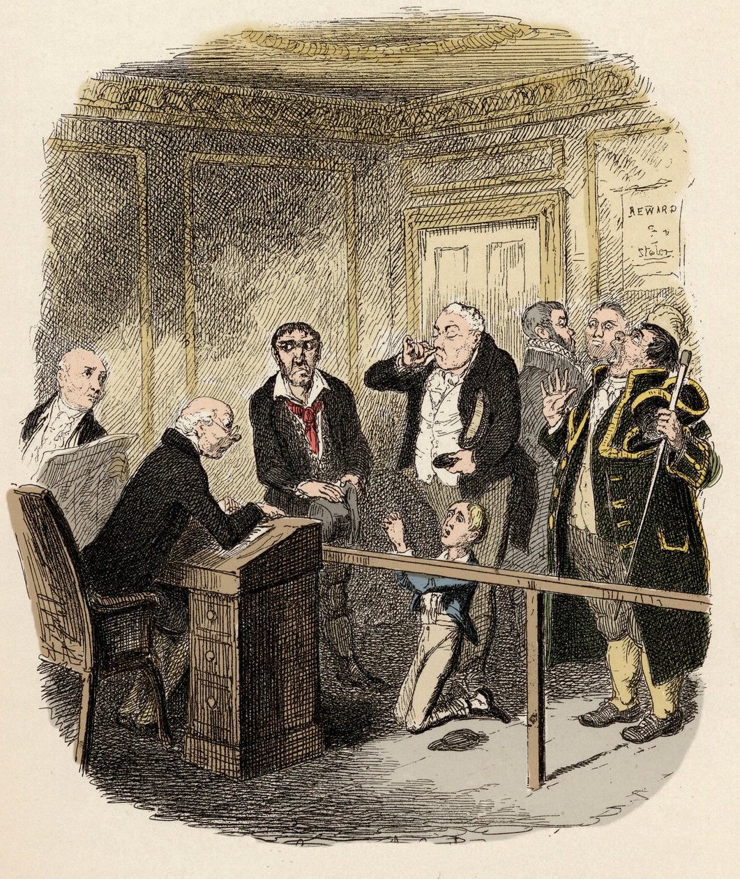 Oliver implorou ao juiz infantil que não o deixasse aprender em Gamfield, a chaminé - Oliver escapa de ser aprendiz de varredor - Ilustração para Charles Dickens "Oliver Twist" (Oliver) (The Adventures of Oliver Twist) (1812-1870), por de George Cruikshank