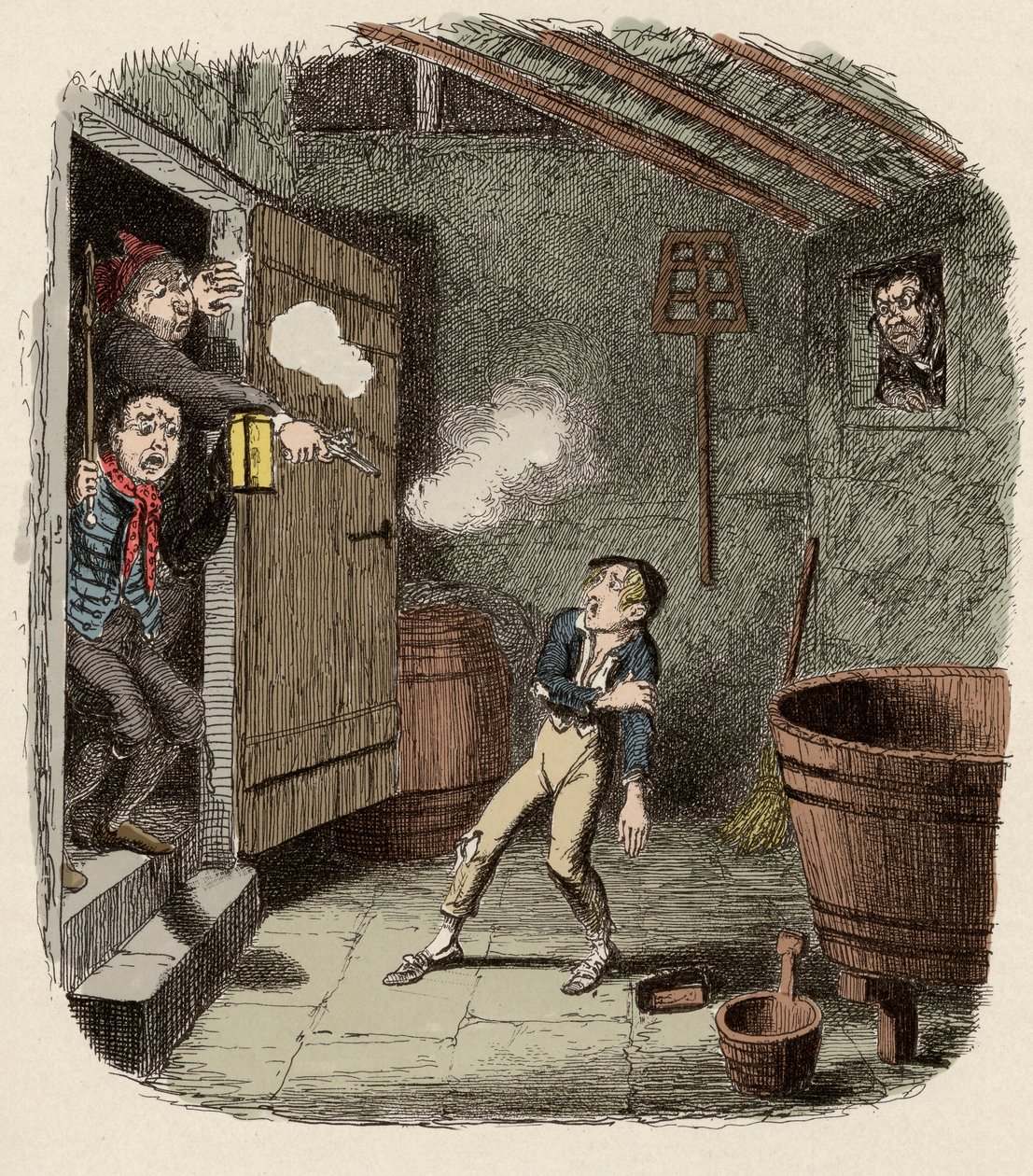 Oliver surpreendido e ferido durante a tentativa de roubo - O Roubo - Ilustração para "Oliver Twist" (Olivier) (As Aventuras de Oliver Twist) por Charles Dickens (1812-1870), por George Cruikshank (1792-1878) . de George Cruikshank
