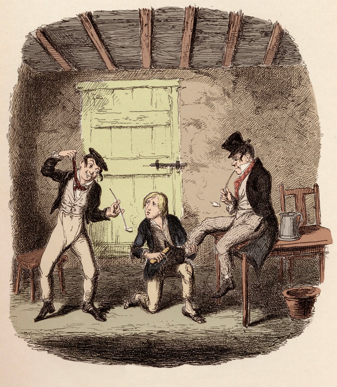 Oliver encera os sapatos da Raposa enquanto Charley Bates explica os perigos da forca - Mestre Bates explica um tecnicismo profissional - Ilustração para "Oliver Twist" (Olivier) (As Aventuras de Oliver Twist) por Charles Dickens (1812-1870), de George Cru de George Cruikshank