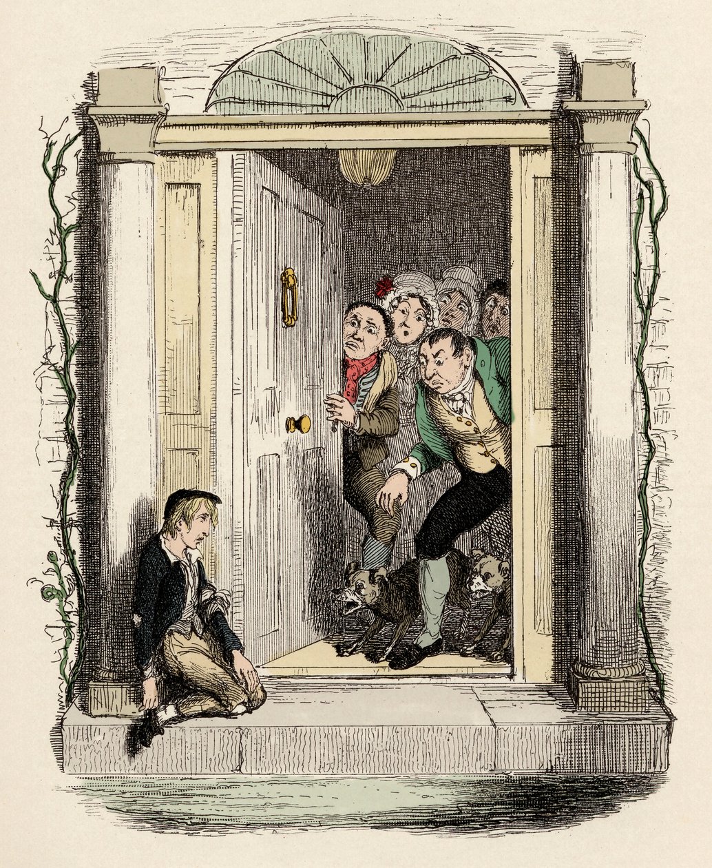Oliver Twist à porta da Sra. Maylies - Ilustração para "Oliver Twist" (Olivier) (The Adventures of Oliver Twist) de Charles Dickens (1812-1870), de George Cruikshank (1792-1878) . de George Cruikshank