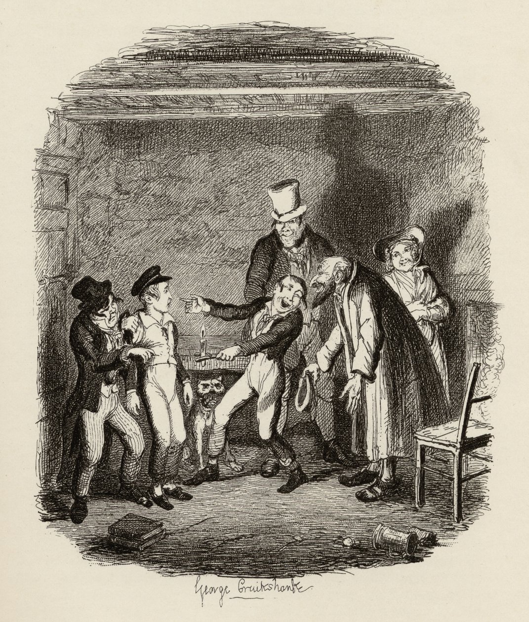 A recepção de Oliver por Fagin e os meninos, de "As Aventuras de Oliver Twist", de Charles Dickens (1812-1870), 1838, publicado por Chapman und Hall, 1901 de George Cruikshank
