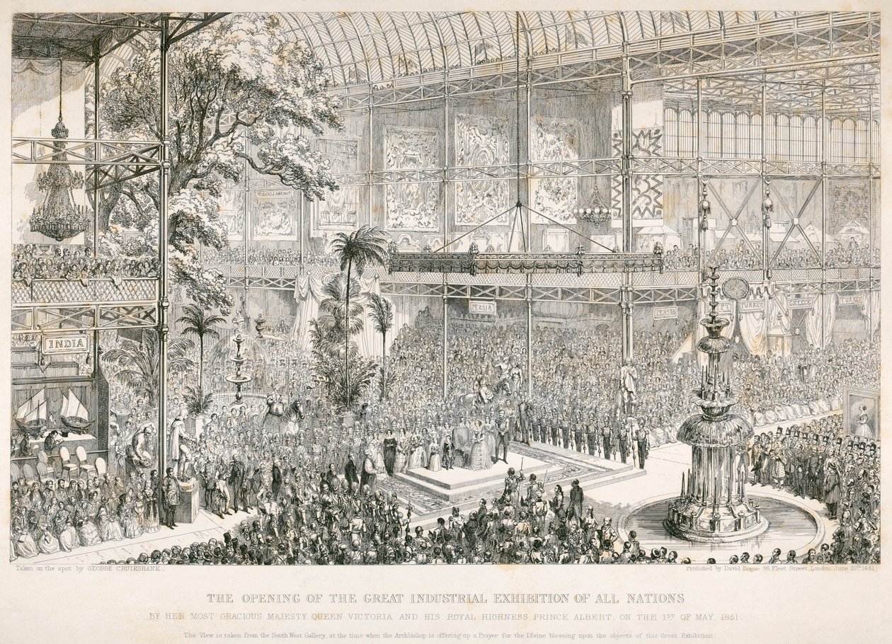 Abertura da Grande Exposição, Crystal Palace, Hyde Park, Londres, 1851 de George Cruikshank