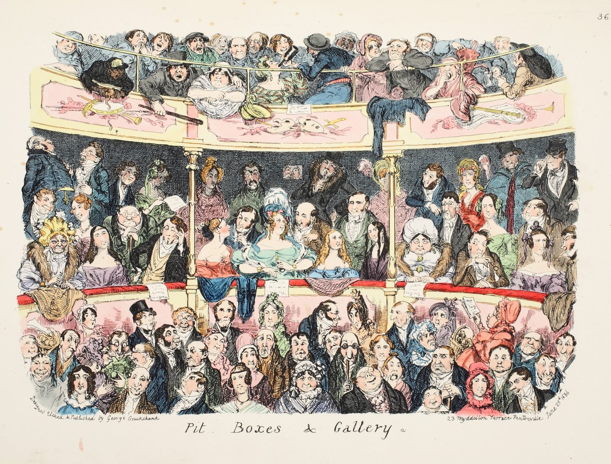 Pit Boxes e Galeria, pub. 1836 (gravura colorida à mão) de George Cruikshank