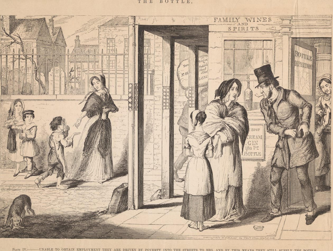 Ilustração IV: Incapazes de arranjar emprego, são empurrados pela pobreza para as ruas, onde se vêem obrigados a mendigar de George Cruikshank