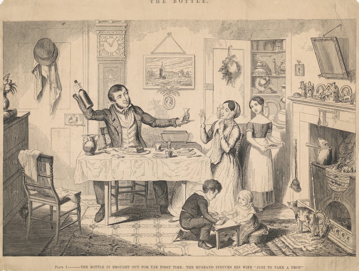 Ilustração I, A garrafa é apresentada pela primeira vez de George Cruikshank