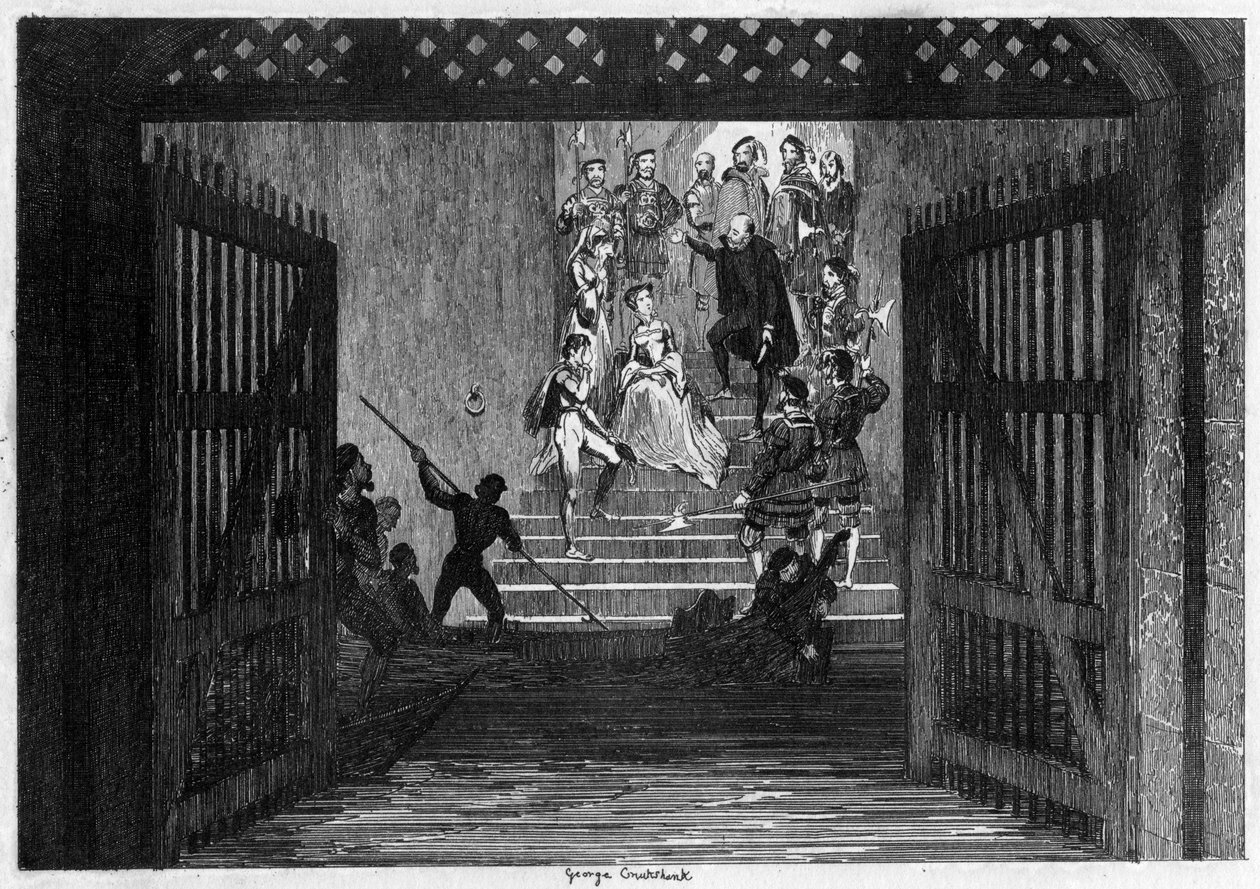 A princesa Elizabeth trouxe como prisioneira para a Torre de Londres, 1554 1840. de George Cruikshank