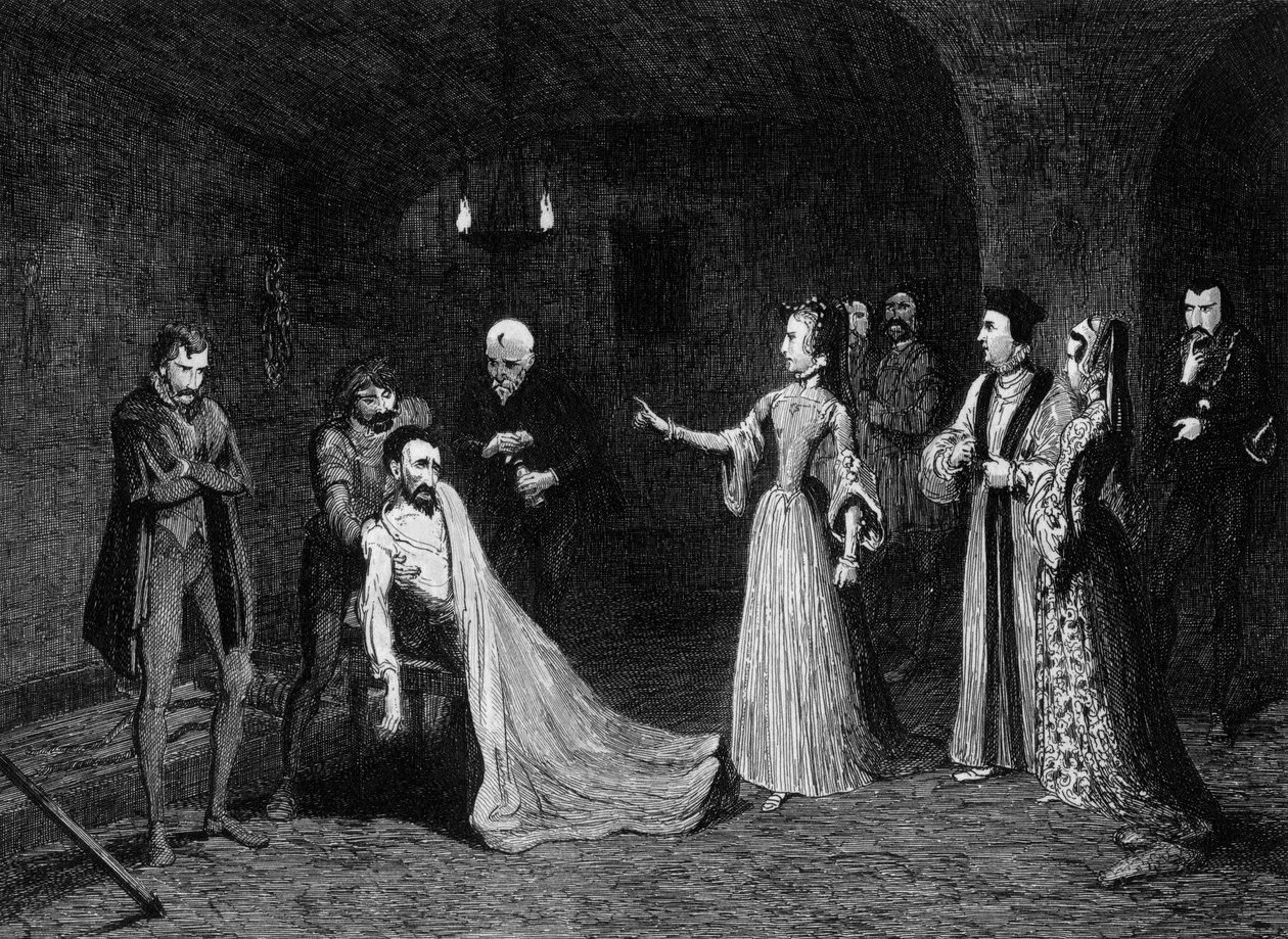 Princesa Elizabeth confrontada com Sir Thomas Wyatt na câmara de tortura, 1554 1840. de George Cruikshank