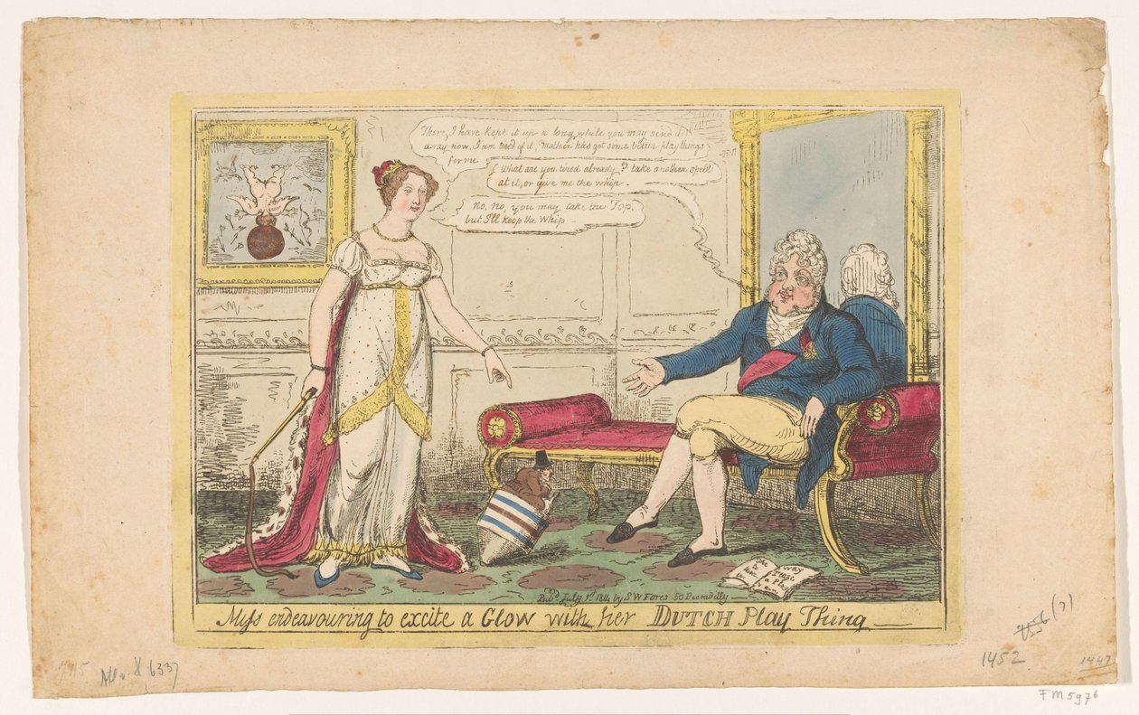 Prinses Charlotte uitgespeeld met haar Hollandse tol, 1814
Falta de esforço para excitar um Glow com a sua Coisa de Jogo Holandesa (título sobre o objecto) de George Cruikshank