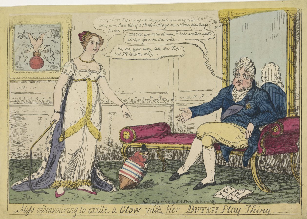 Princesa Charlotte brincou com seu pião holandês, 1814 Miss tentando excitar um Glow com seu Dutch Play Thing (título no objeto) de George Cruikshank