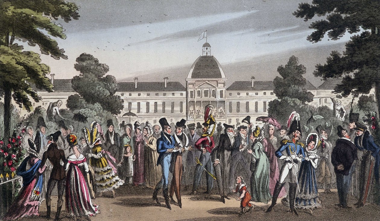 Promenade au Jardin des Tuileries - em "Life in Paris" de David Carey, Londres de George Cruikshank