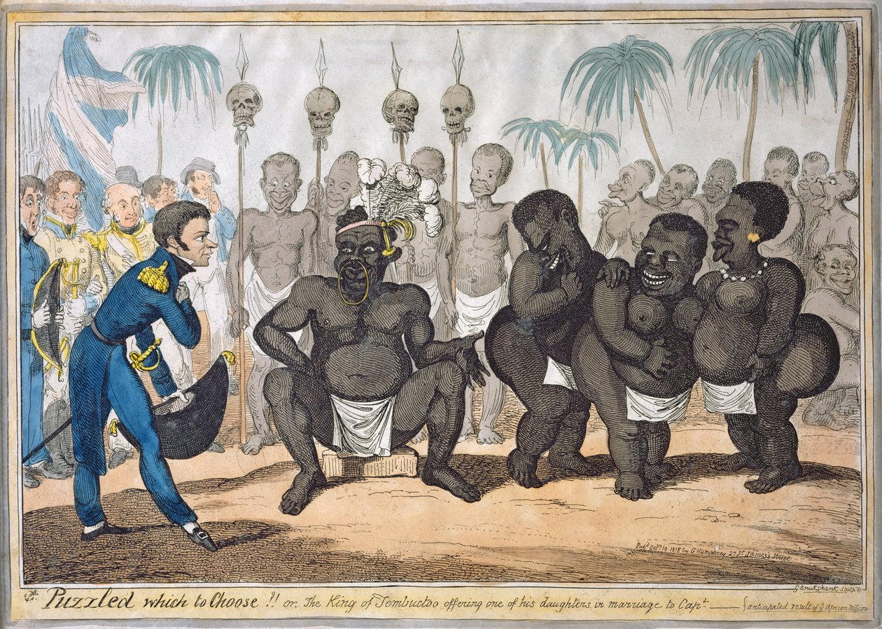 "Confundido Qual Escolher !!, ou O Rei de Tombuctoo Oferecendo uma de suas Filhas em Casamento ao Capitão", após Capitão E. Judel, pub. por G. Humphrey de George Cruikshank