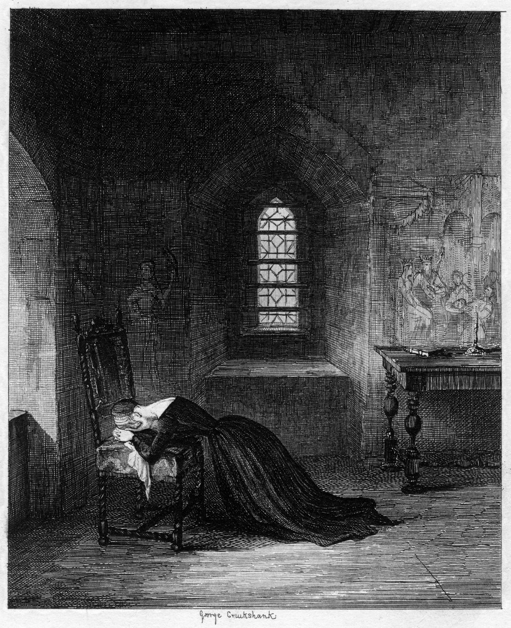 Rainha Jane presa na Brick Tower, Torre de Londres, 1553-1554 1840. de George Cruikshank