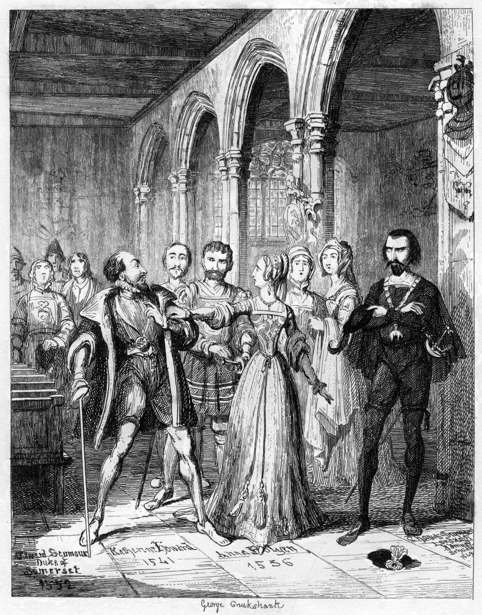 Rainha Jane que interpõe entre Northumberland e Simon Renard, 1553 1840. de George Cruikshank