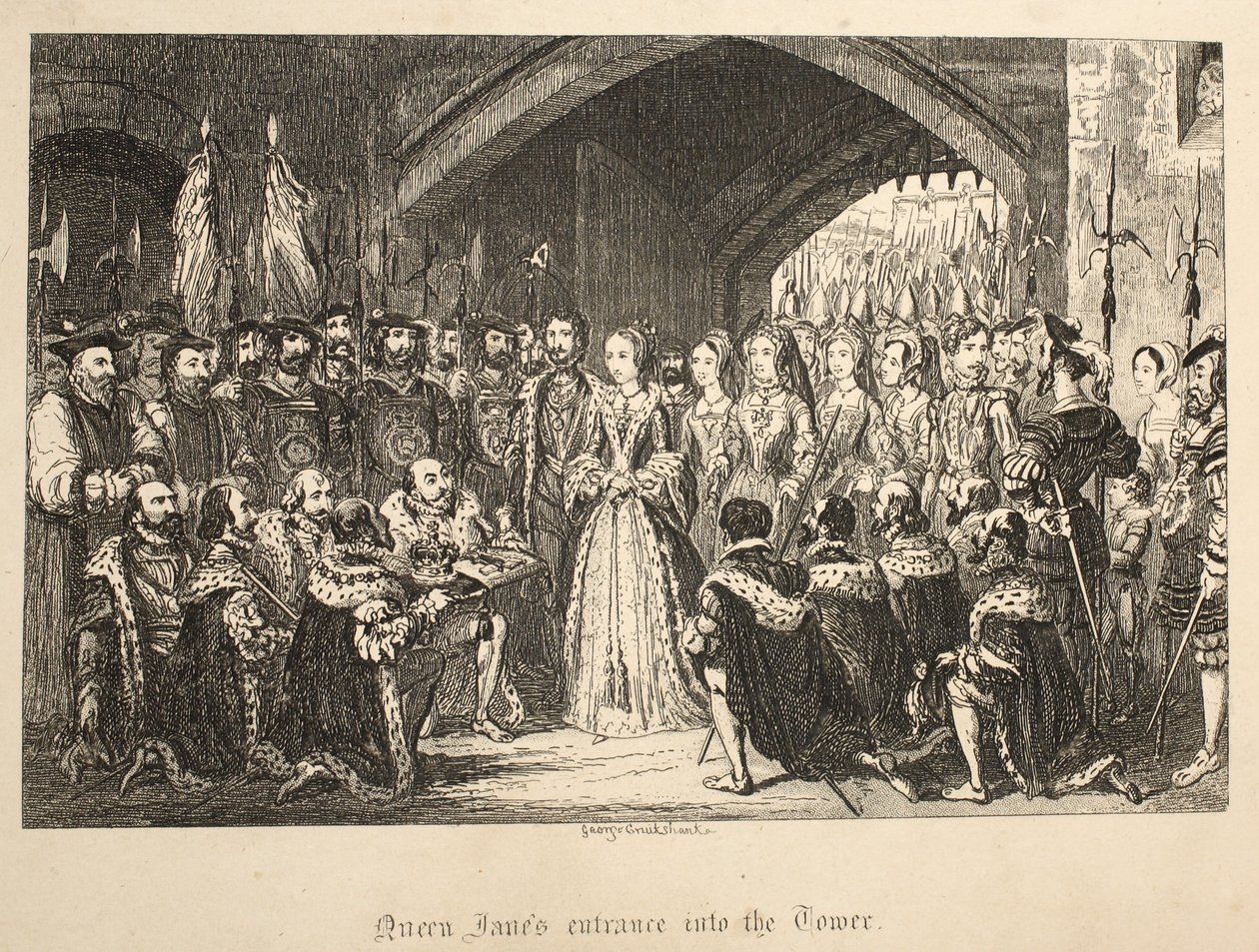 Entrada da Rainha Janes na Torre, da Torre de Londres, pub. 1840 de George Cruikshank