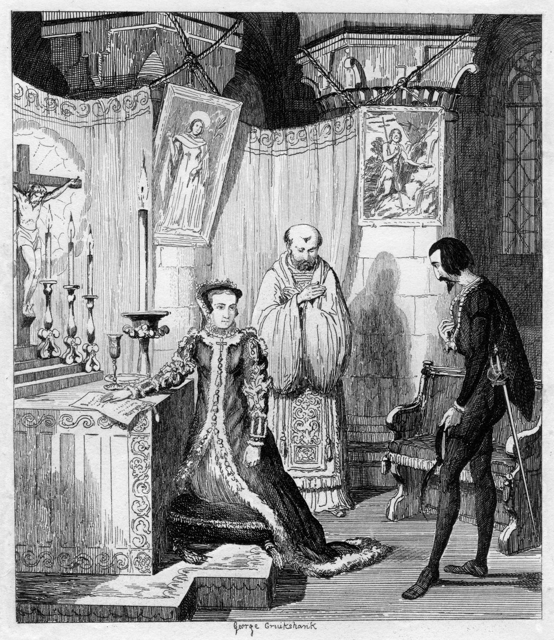 Rainha Maria, por exemplo, Simon Renard, se apegando a Filipe da Espanha, 1840 de George Cruikshank