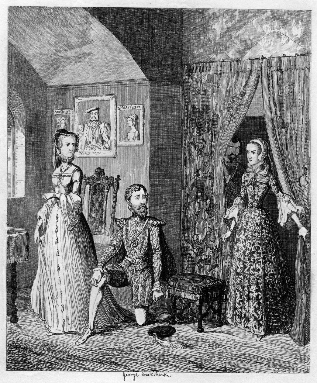 Queen Mary surpreende Courtenay e a princesa Elizabeth, 1553-1555 1840 de George Cruikshank