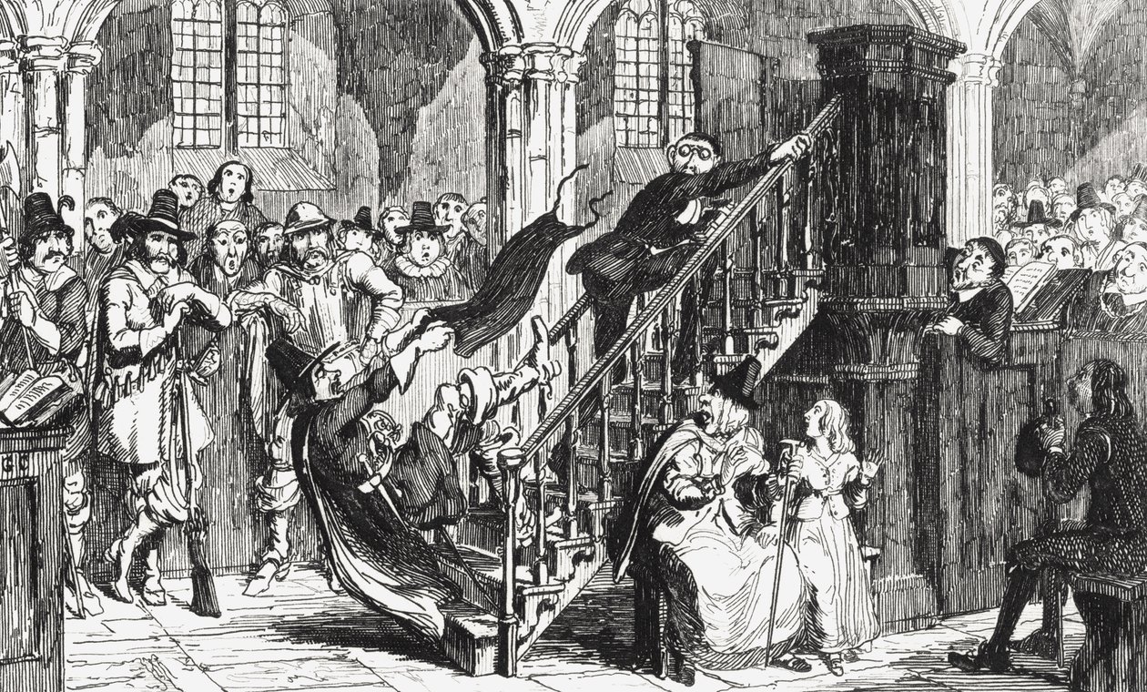 Reverendo Holdenough durante um serviço, ilustração de &39;Woodstock&39; por Sir Walter Scott (1771-1832) publicado em 1845 de George Cruikshank