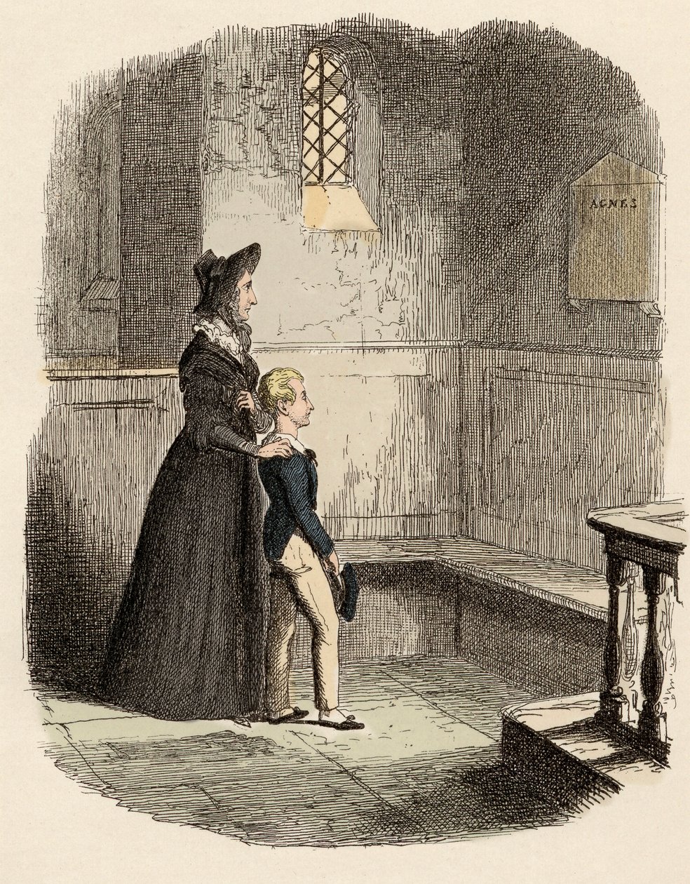 Rose Maylie e Oliver em frente à placa comemorativa de Agnes, sua irmã e mãe - Rose Maylie e Oliver - Ilustração para "Oliver Twist" (Olivier) (As Aventuras de Oliver Twist) por Charles Dickens (1812-1870), por George Cruikshank (179 de George Cruikshank