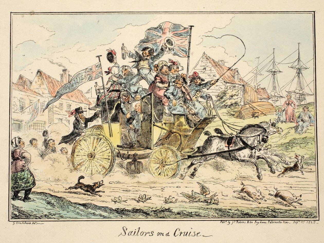 Marinheiros em um cruzeiro, do Hospital de Greenwich, uma série de esboços navais, descritivo de uma vida de um homem de guerras, pub. 1826 (gravura colorida à mão) de George Cruikshank