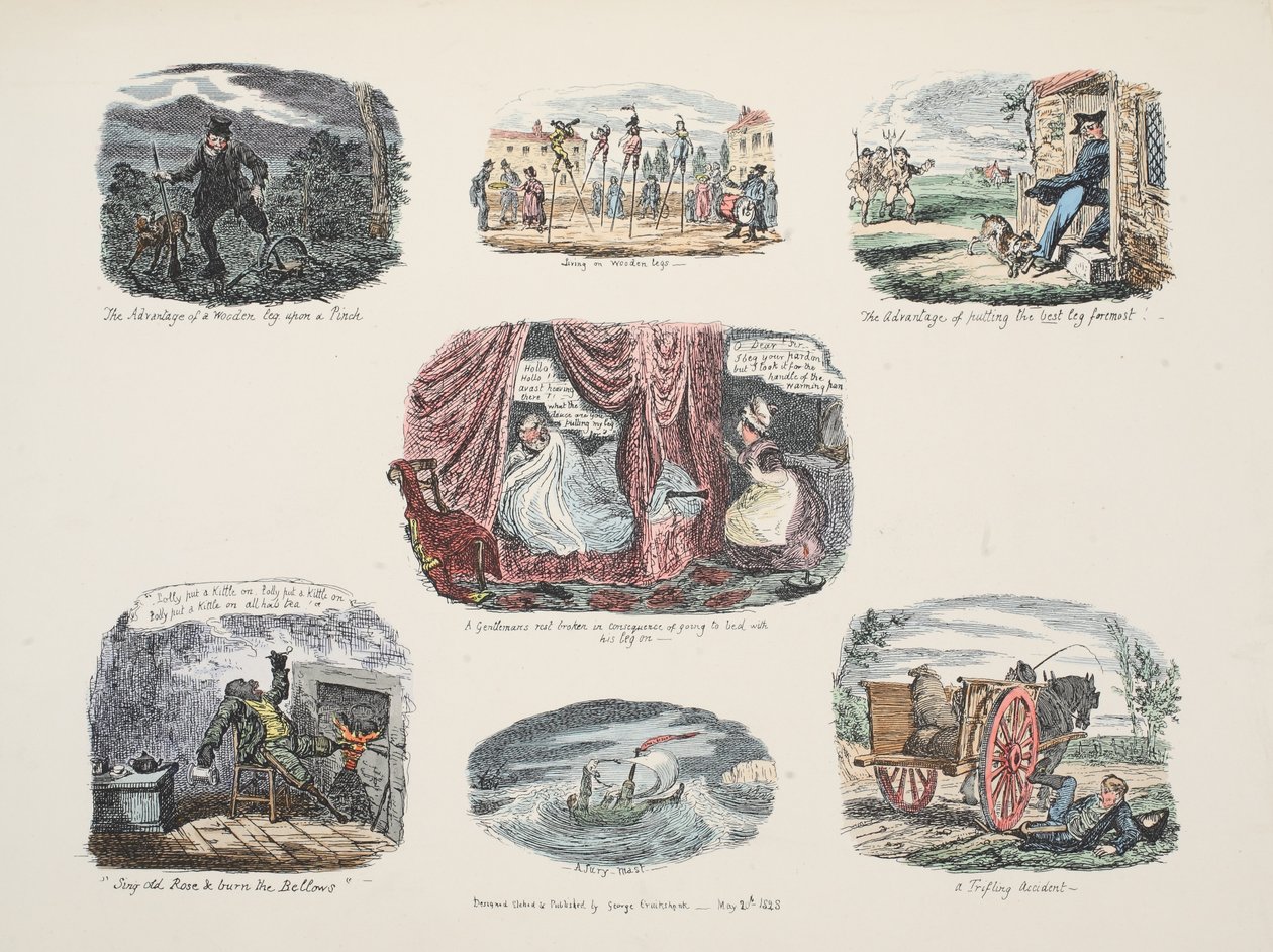 Série de ilustrações sobre as vantagens e desvantagens de possuir uma perna de pau, pub. 1828 (gravura colorida à mão) de George Cruikshank