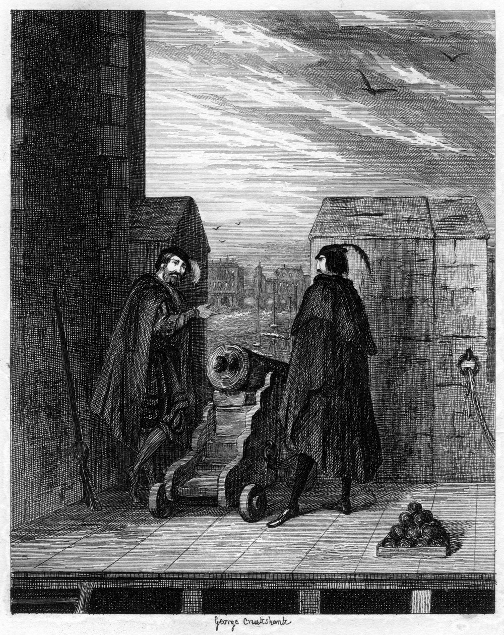 Simon Renard e Winwike, o diretor no telhado da Torre Branca, 1553 1840. de George Cruikshank