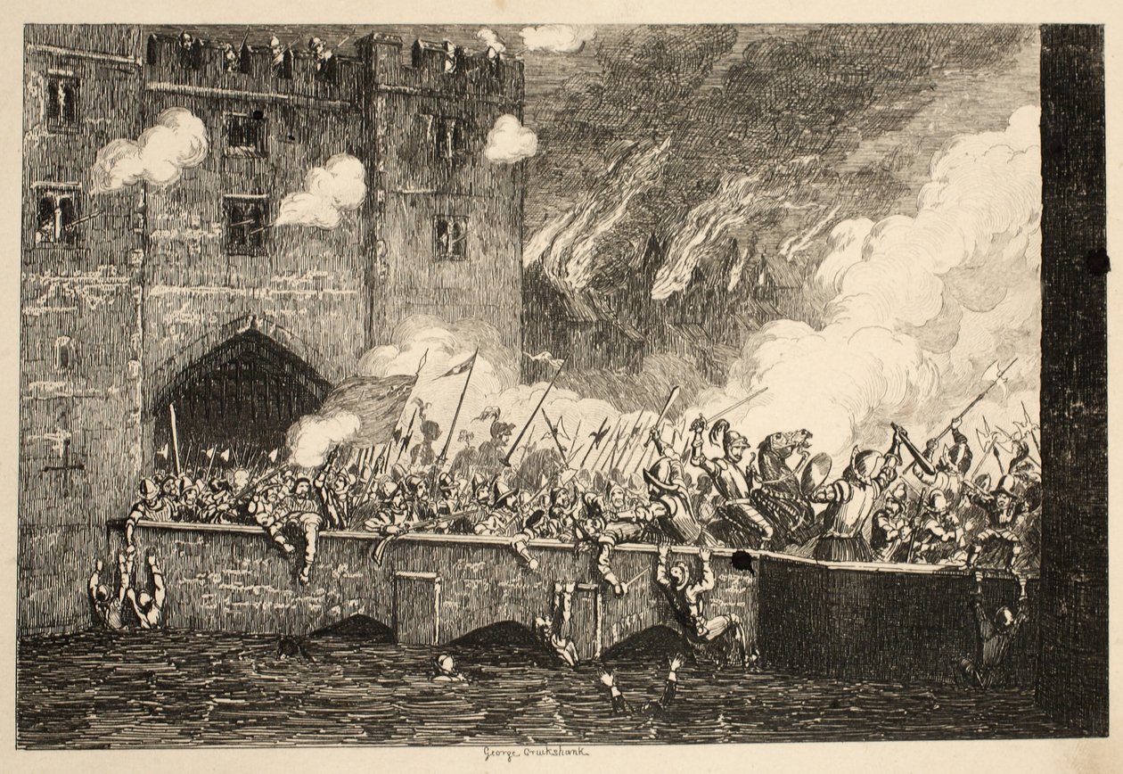 Sir Thomas Wyat atacando o By Ward Tower da Torre de Londres, pub. 1840 de George Cruikshank