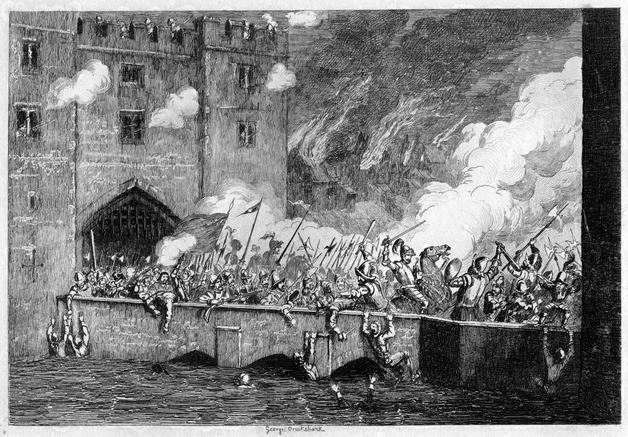 Sir Thomas Wyatt atacando a torre da ala, 1554 1840. de George Cruikshank