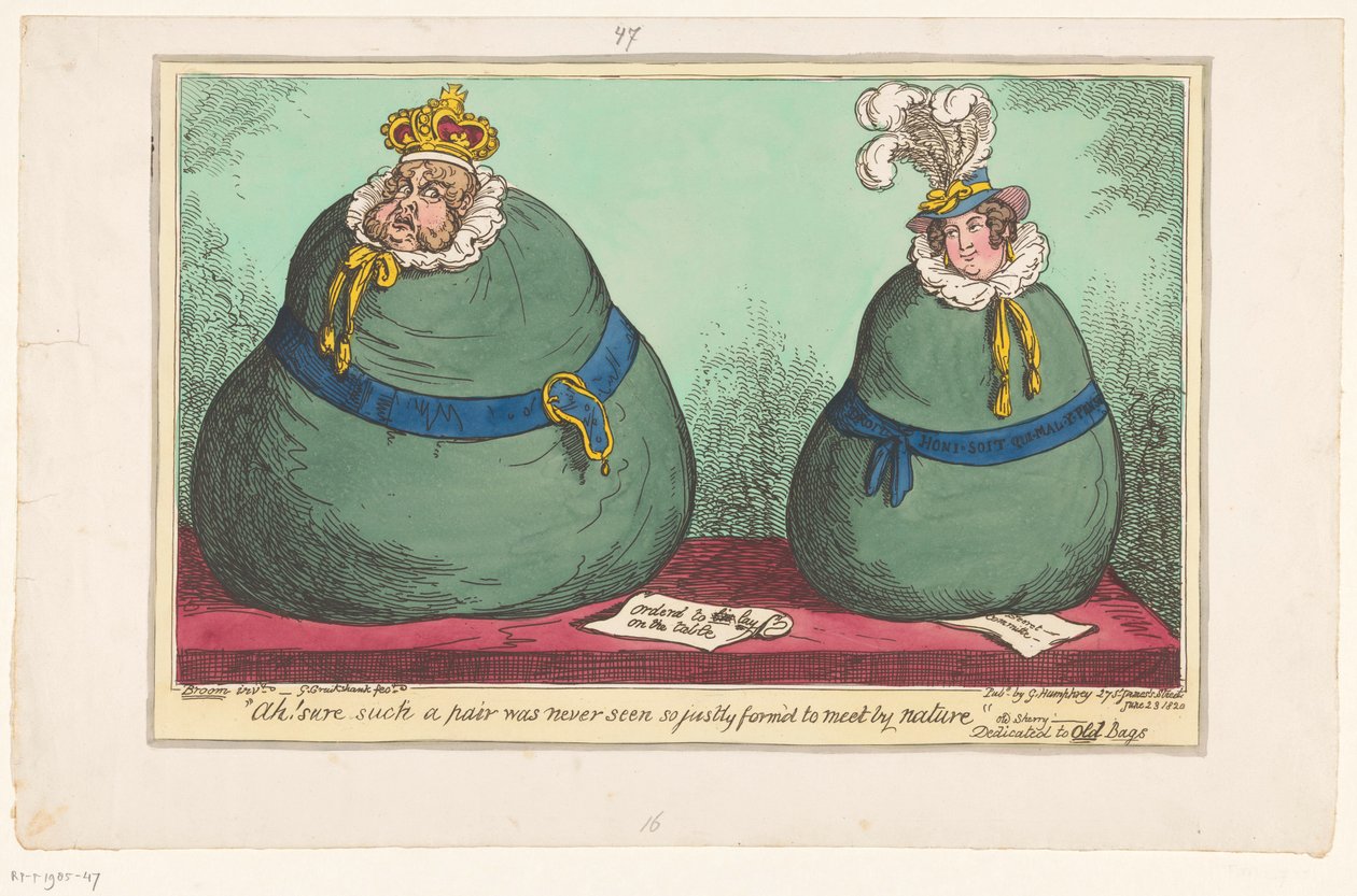 Spotprent op koning George IV en koningin Caroline, 1820
Ah! Claro que um par assim nunca foi visto de forma tão justa para se encontrar por natureza (título sobre o objecto) de George Cruikshank