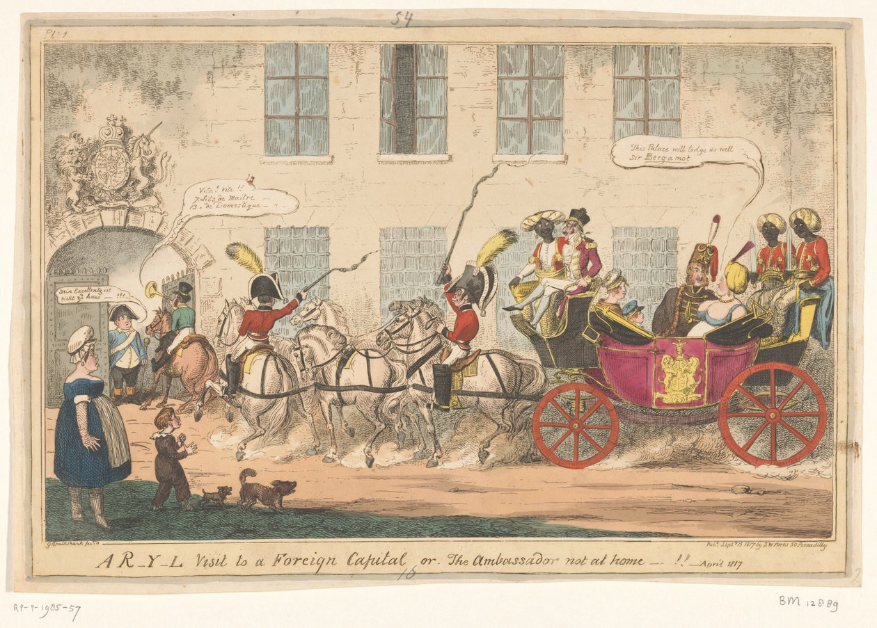 Spotprent op prinses Caroline, 1817
Uma visita R-Y-L a uma capital estrangeira ou, o embaixador não em casa!! (título sobre o objecto) de George Cruikshank