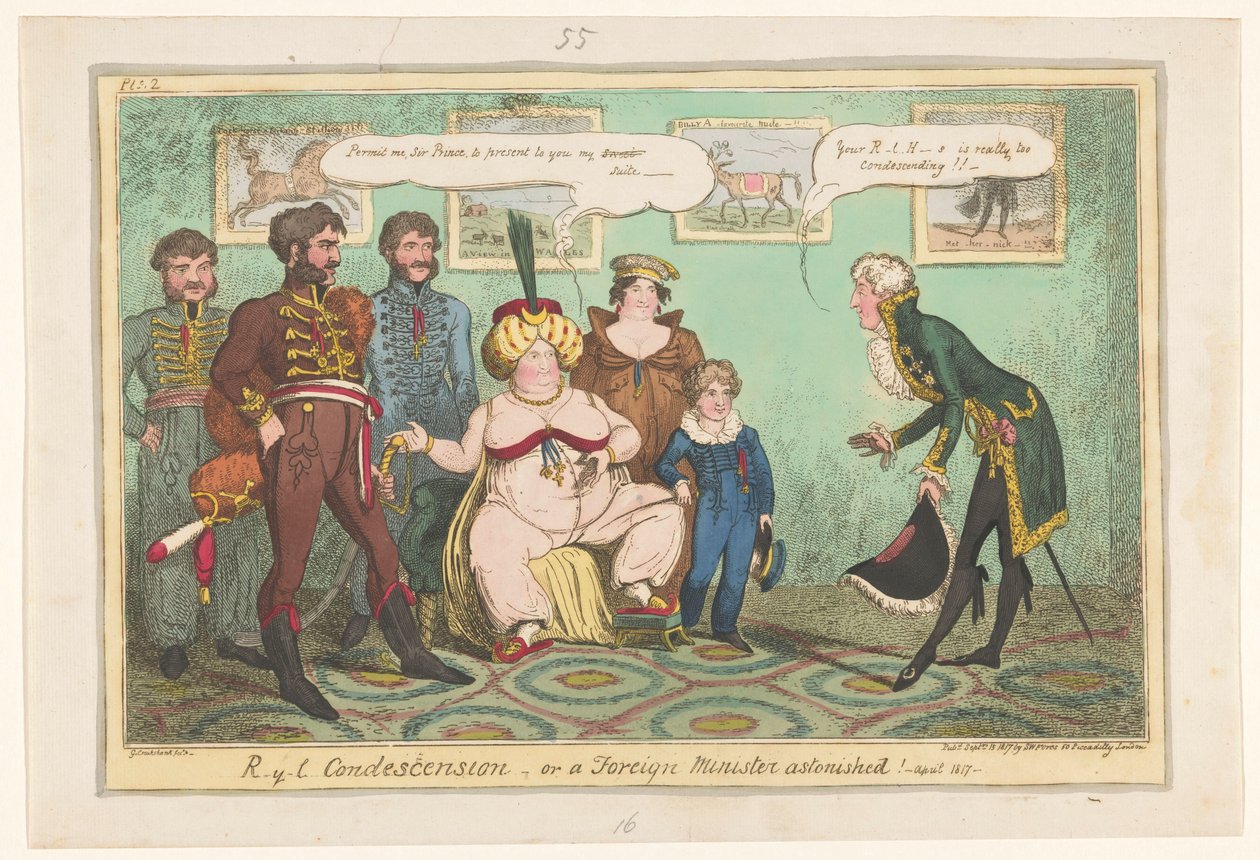 Spotprent op princesas Caroline, 1817 R-y-l Condescendência ou um Ministro das Relações Exteriores atônito! de George Cruikshank