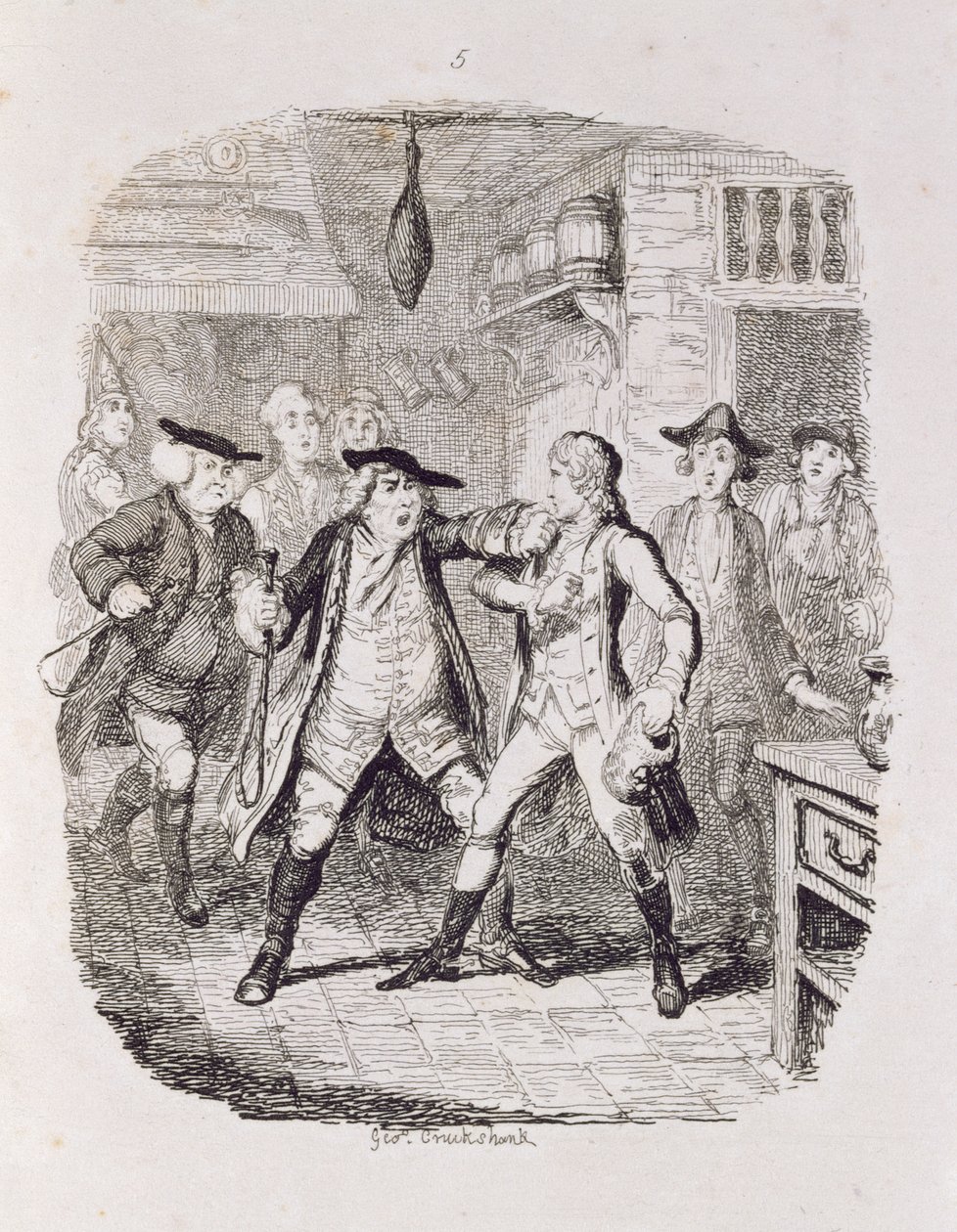 Squire Western apreendendo Jones em Upton, de "Tom Jones, a história de um Foundling", gravado pelo artista, ilustração de "The Works of Henry Fielding", pub. por Henry G. Bohn, 1853 de George Cruikshank